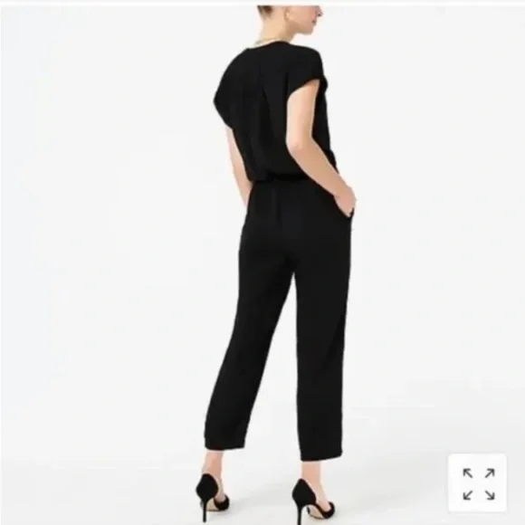 ew J Crew Size Large Black Cuffed Camp Shirt Jumpsuit Womens Button Pockets - Picture 1 of 10